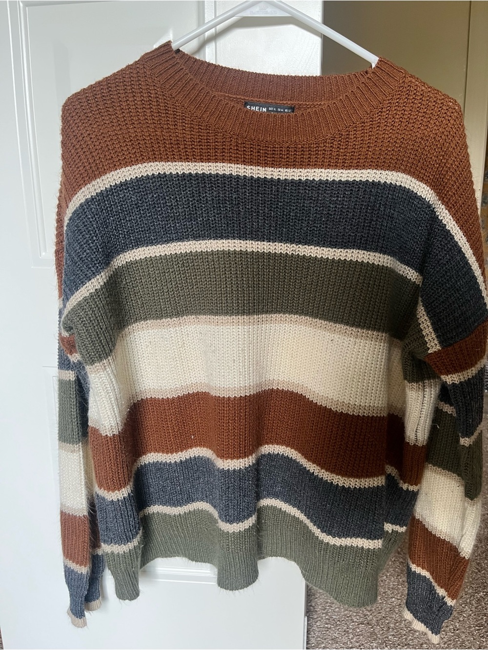 SHEIN Striped Crewneck Sweater in Brown, Olive, Cream & Navy
